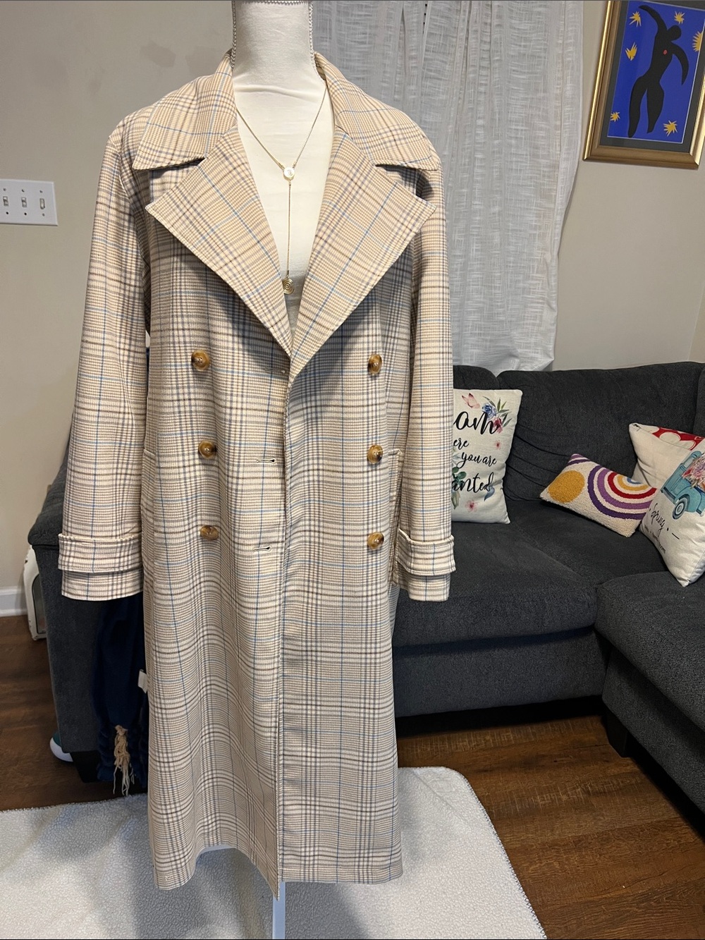 bagatelle Beige Plaid Double-Breasted Trench Coat
